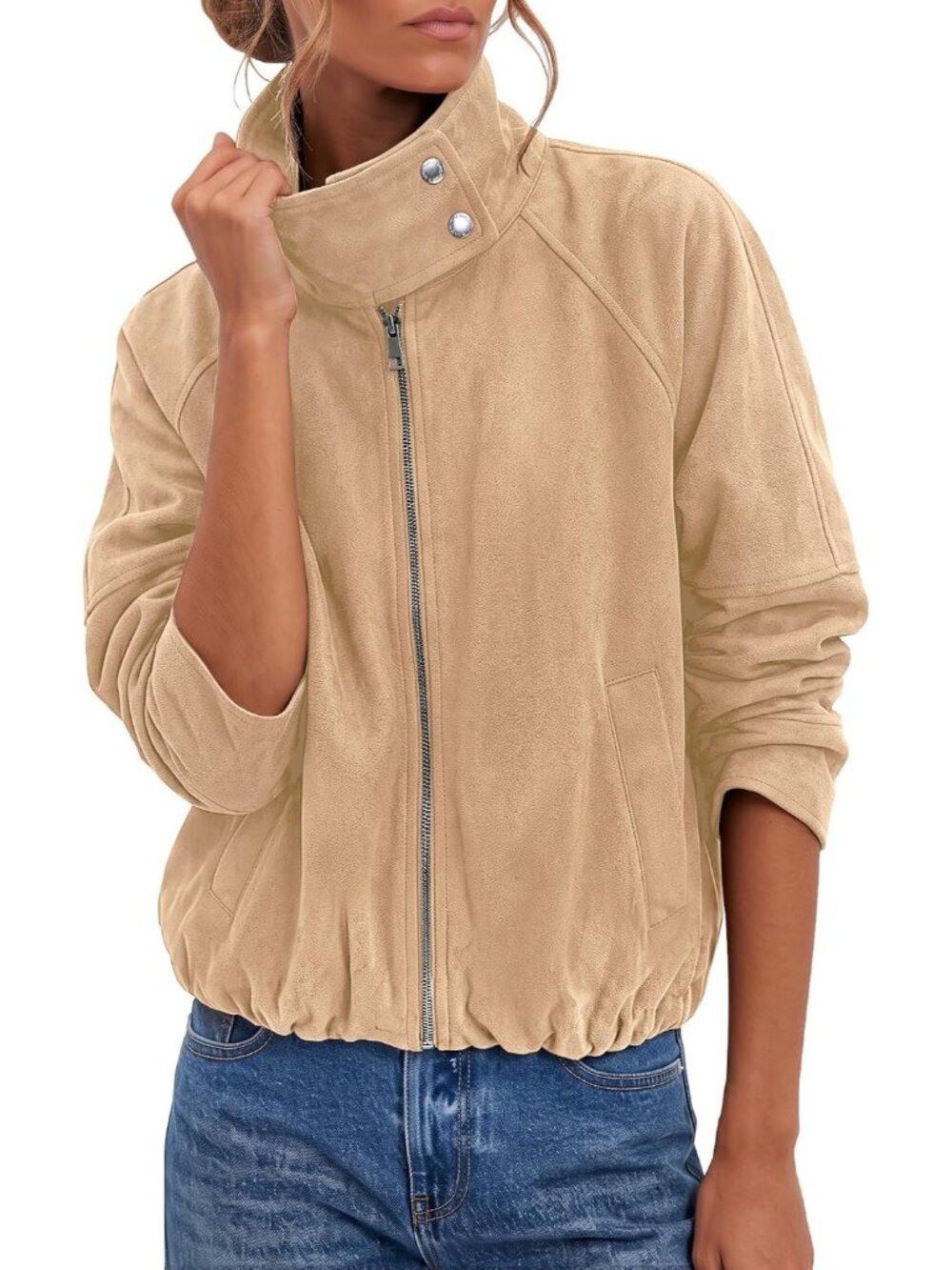 Women's Khaki Faux Suede Front Zipper Oversized Funnel Neck Zip Up Bomber Jacket